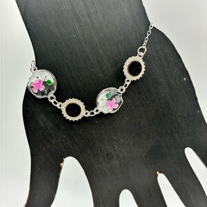 Silver, Black and Pink Floral Bracelet
